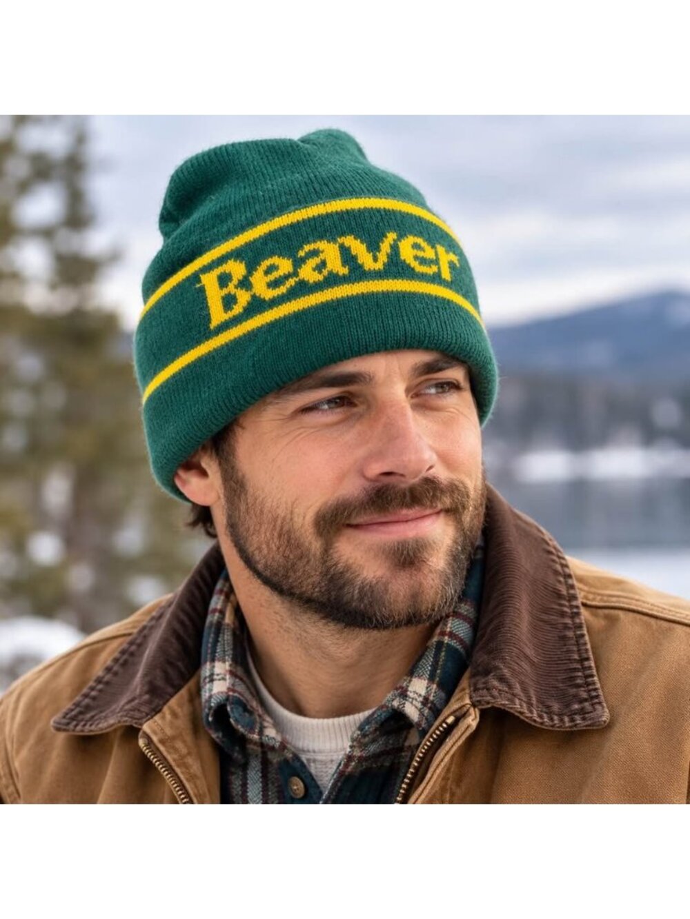 Vintage Beaver Lumber Knit Toque Green Yellow Made in Canada Acrylic Beanie